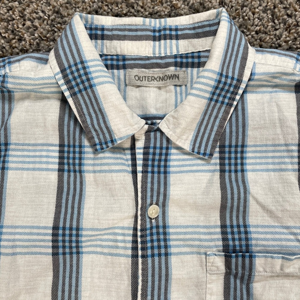 Outerknown Men's L Plaid Short Sleeve Button Up Shirt Blue White Organic Cotton